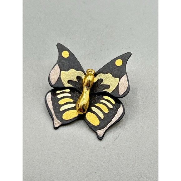 Vintage Petite Butterfly Pin Brooch Black & Gold Signed Small Bug Insect Jewelry - Picture 2 of 7